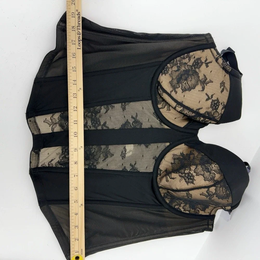 Cacique Black Lace Corset 42DD Underwire Sheer Dark Coquette Whimsigoth  NEW‎ - Picture 6 of 10